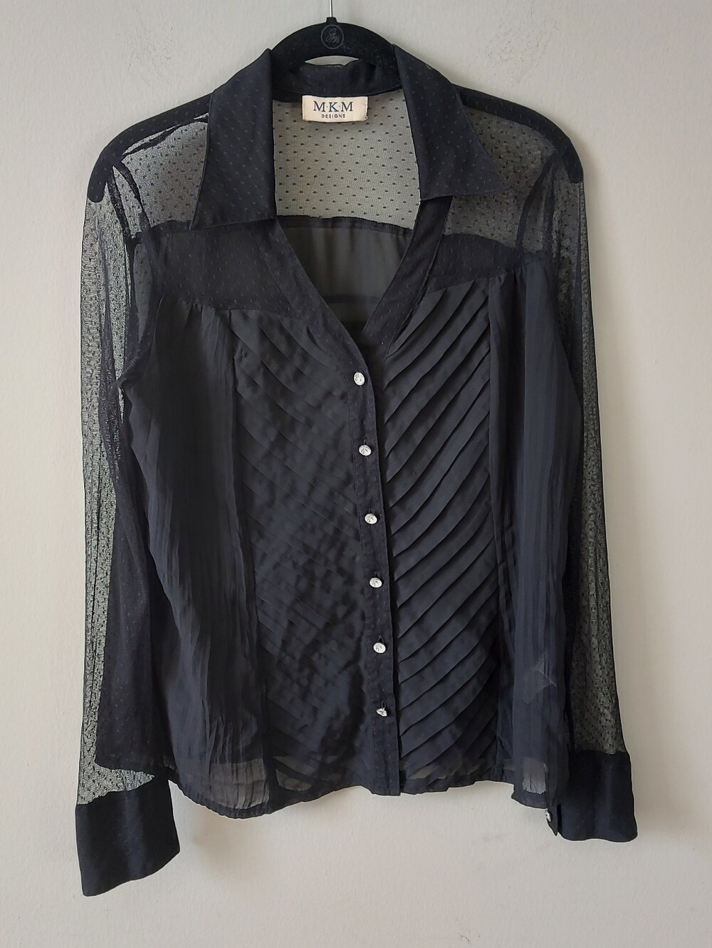 Women Black Sheer Button-Up Blouse Dot Mesh Pleated Doll Night Out Long Sleeve L